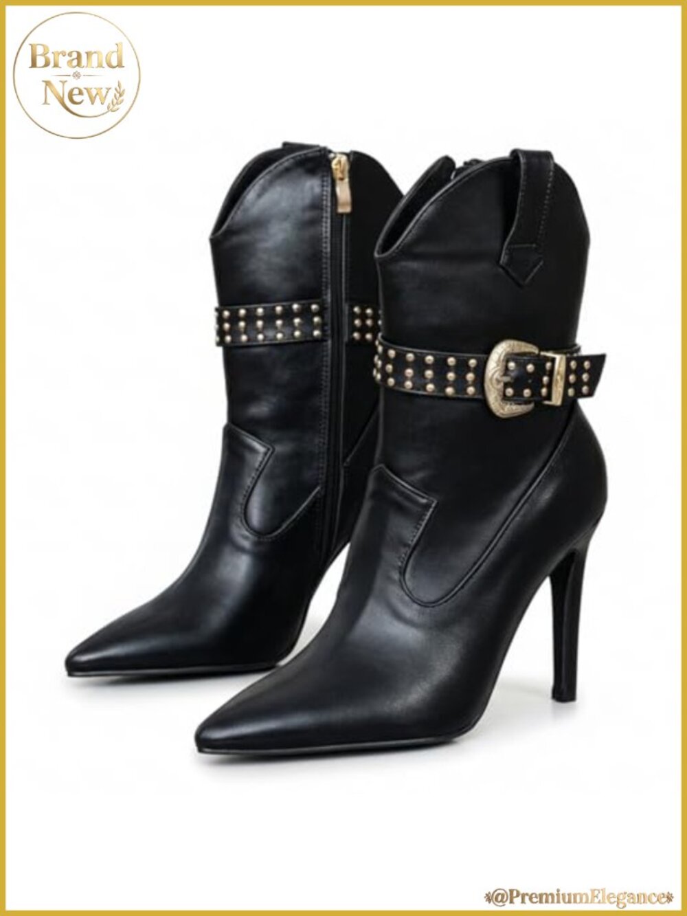Denim Stiletto Heel Ankle Boots Studded Buckle Pointed Toe Side Zip
